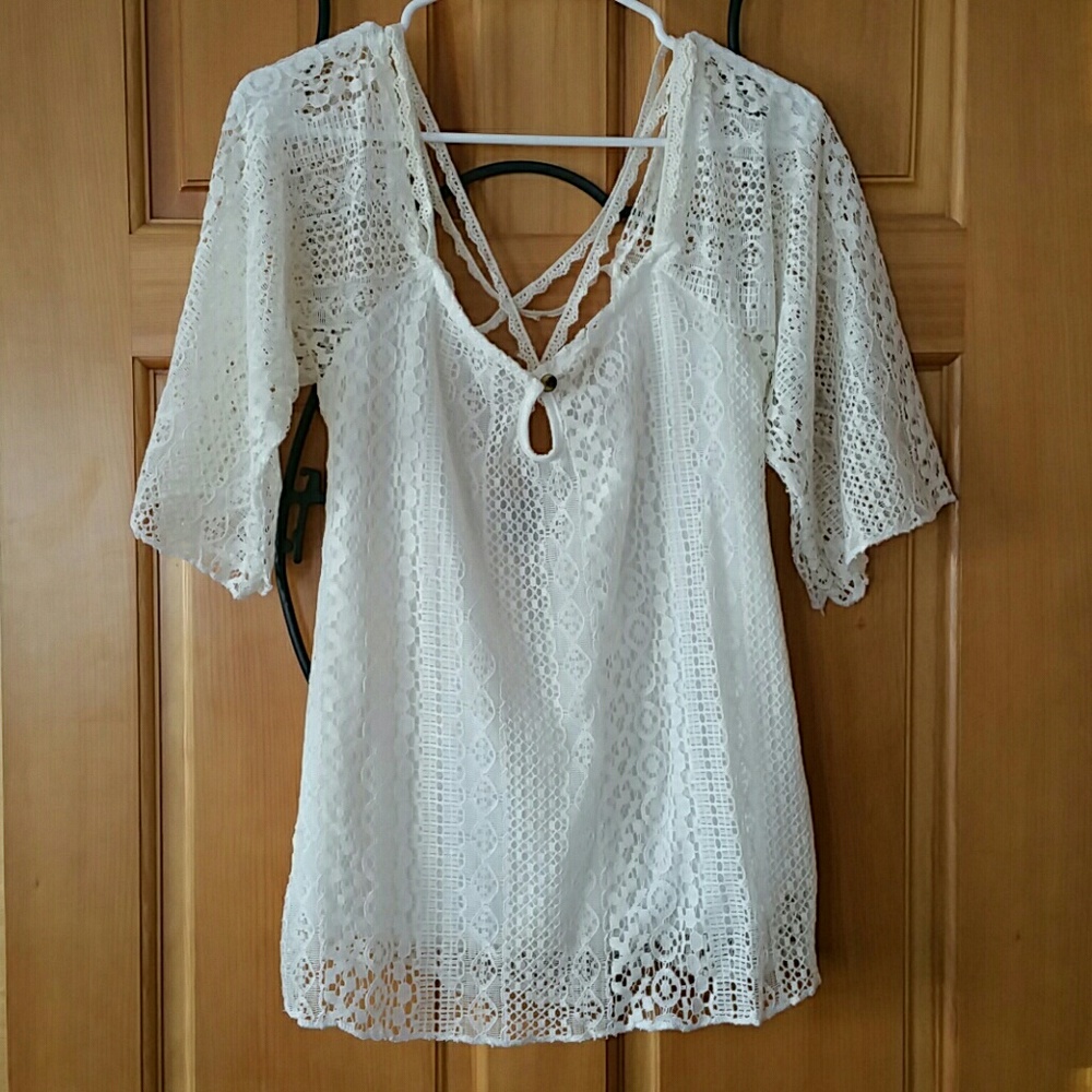 Sheer Lace cold shoulder top. NWOT